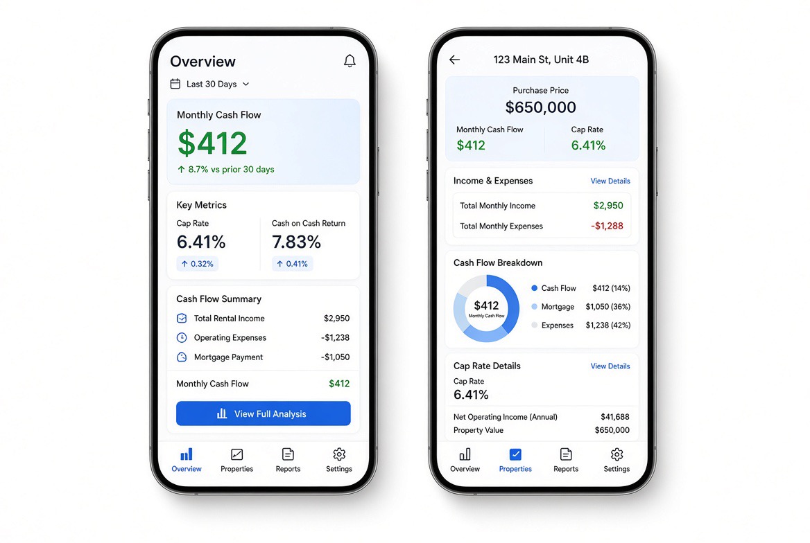 Investor dashboard showing ROI, cash flow and portfolio metrics