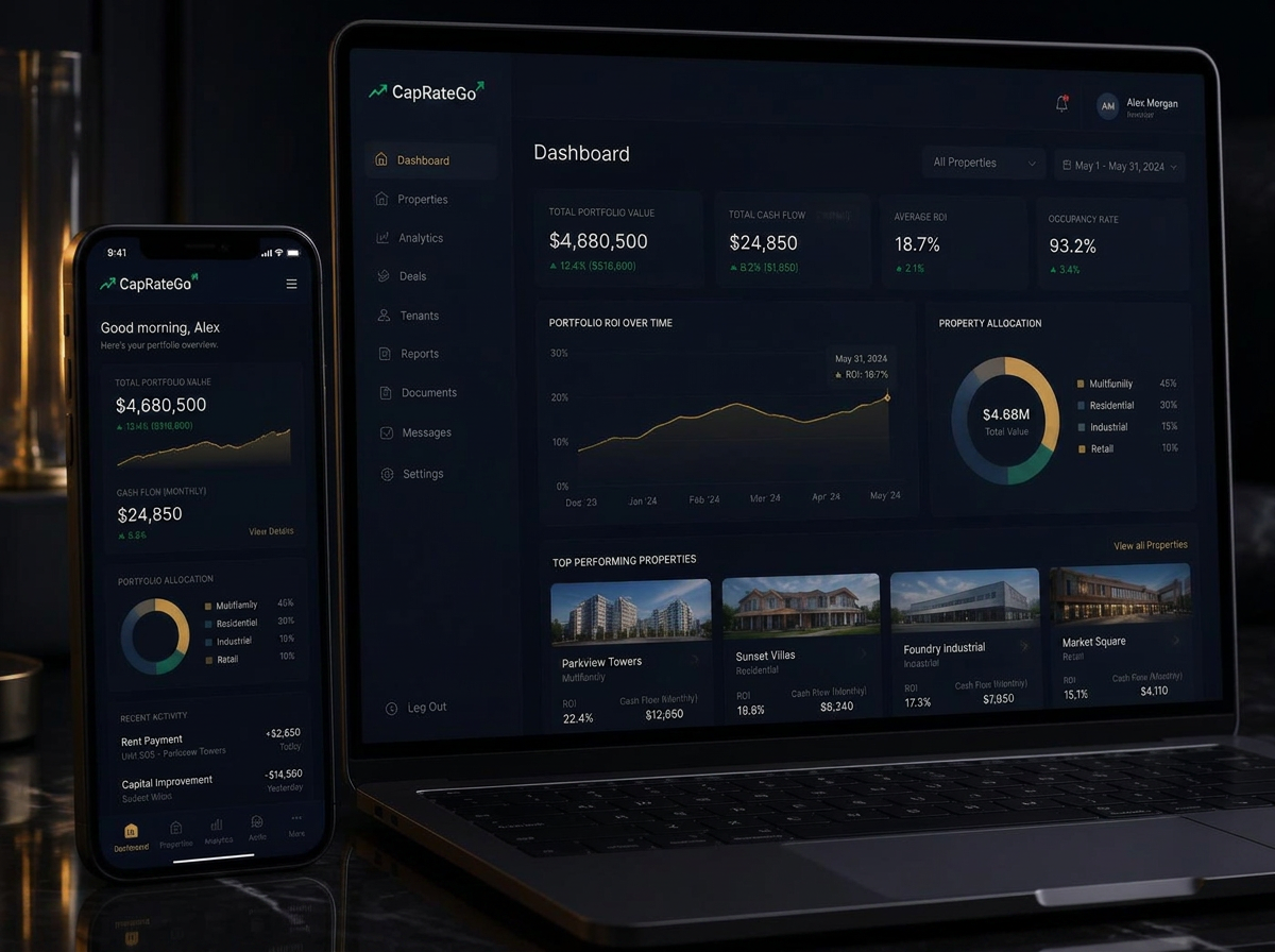 Investor dashboard showing ROI, cash flow and portfolio metrics